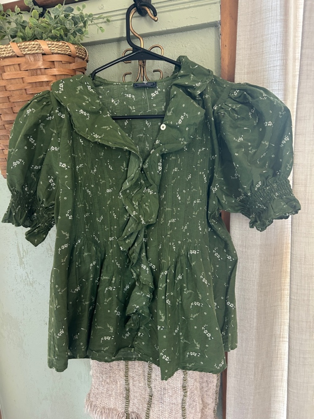 Vineyard Vines Olive Green Ruffle Peasant Blouse